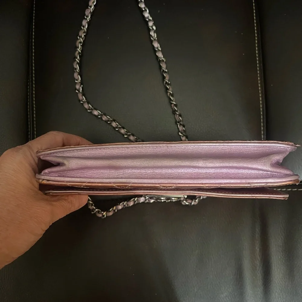 Chanel patent leather pink wallet on chain bag